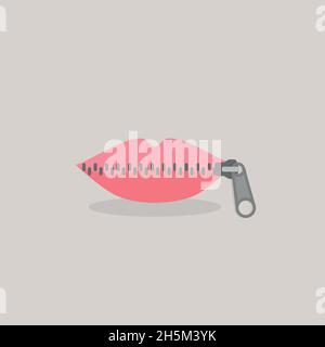 Lips zipped. Woman's mouth with zipper closing lips shut. Concept of shut up, keeping quiet. Vector illustration, flat design Stock Vector