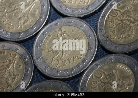 Macro shots of euro coins background 2 Euro coin year of manufacture 2002 country Greece high quality big size print2 Stock Photo