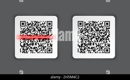 Realistic QR code sticker on gray background. Identification tracking code. Serial number, product ID with digital information. Store or supermarket Stock Vector