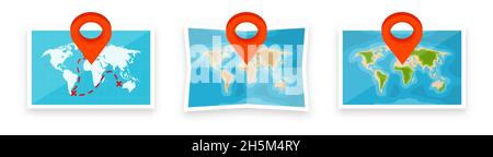 Folded world maps in a flat style. Simplified paper map with red location pin. Navigation, route and road trip planning. Travel and accommodation Stock Vector