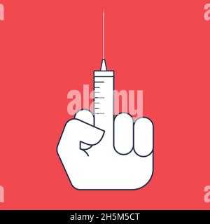 Conceptual illusration of vaccination refusing. Middle finger in shape of syringe. Stock Photo