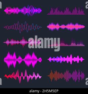 Colorful sound waves collection. Analog and digital audio signal. Music equalizer. Interference voice recording. High frequency radio wave. Vector Stock Vector