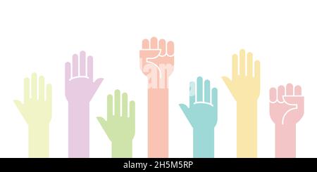 Colorful fists hands up vector illustration. Concept of unity, revolution, fight, cooperation. Vector illustration, flat design Stock Vector