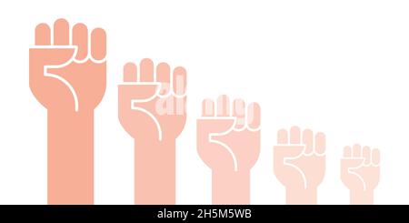 Fists hands up vector illustration. Concept of unity, revolution, fight, cooperation. Vector illustration, flat design Stock Vector