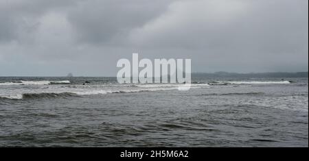 New Plymouth Taranaki Coast with Paritutu Rock and Ocean Stock Photo