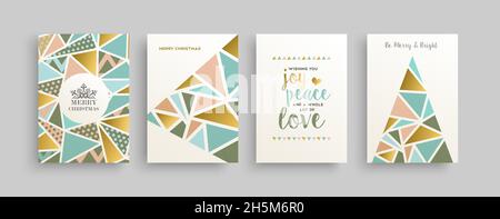 Merry Christmas geometric gold pine tree card set. Pastel color banner collection for winter holiday celebration event or party invitation. Stock Vector