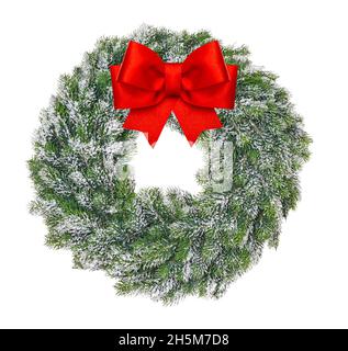 Christmas wreath with red ribbon isolated on white background Stock Photo