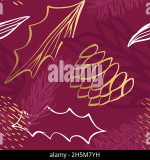 Abstract christmas nature decoration seamless pattern illustration with gold holly leaf doodles. Festive green pine tree branch xmas background, luxur Stock Vector