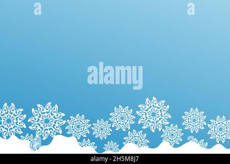 Christmas card with white snowflakes on blue background. Isolated snowflakes icon. Empty paper shape. Winter cartoon flat illustration. Copy space Stock Vector