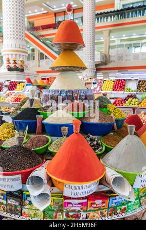 Dushanbe, Tajikistan. August 12, 2021. Spices for sale at the Mehrgon Market in Dushanbe. Stock Photo