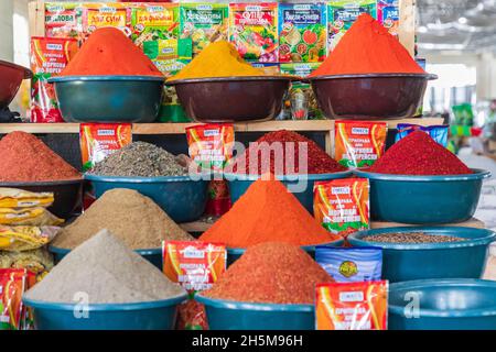 Dushanbe, Tajikistan. August 12, 2021. Spices for sale at the Mehrgon Market in Dushanbe. Stock Photo