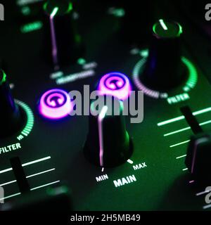 Deejay mixing desk turntables party nightclub disco lights square album cover design. Stock Photo