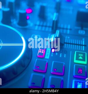 Deejay mixing desk turntables party nightclub disco lights square album cover design. Stock Photo