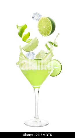 Glass of daiquiri cocktail with splashes on white background Stock Photo