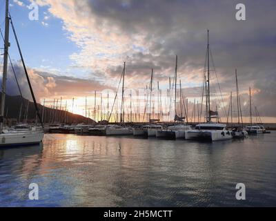 Yacht harbor in the evening at sunset before a strong thunderstorm. Aegean Sea. Turkey. Stock Photo