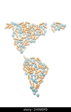 Continents North and South America made of vitamin K pills on white background Stock Photo