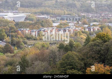 The cityscape of Ashton Vale in Bristol, including Ashton Gate Stadium, Imperial Tobacco campus, and the apartment buildings of Paxton Drive. Stock Photo