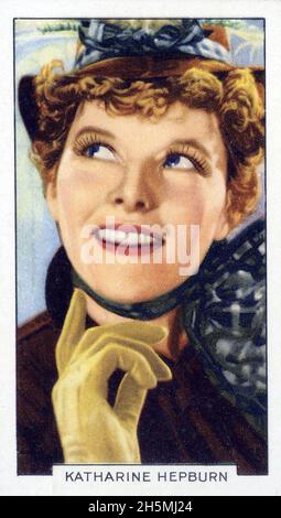 Collectible vintage trading card from a set titled Portraits of Famous Stars  featuring Katherine Hepburn  was issued by Gallaher Ltd. of the UK. Stock Photo