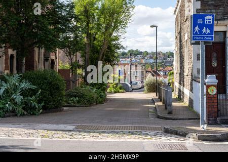 Street trees and shrubs contribute to traffic calming and climate resilience in a 'home zone' residential street in Bristol. Stock Photo