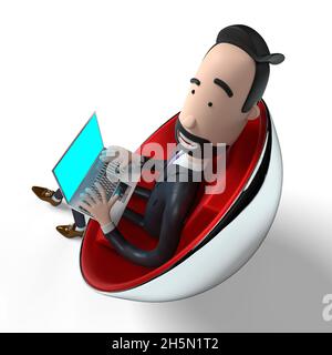 Handsome cartoon businessman working on a laptop - 3D illustration Stock Photo