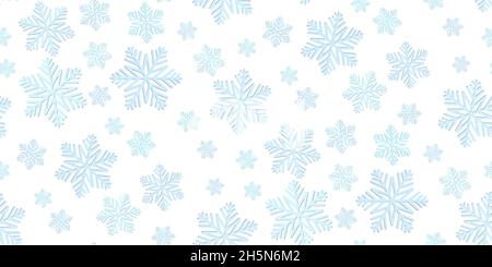 Beautiful seamless Christmas background with various complex shining blue snowflakes on white. Modern flat design. Holiday Wallpaper. Winter infinite Stock Vector