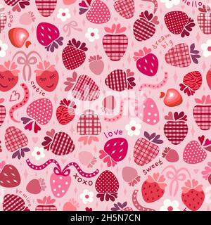 Plaid and polka dots strawberries, classic pink and red hearts, flowers, ribbons Valentine’s Day kitsch. Text love, xoxo, be mine, sweet, cutie, hello Stock Vector
