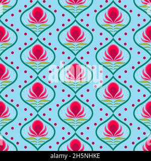 Stylized flowers on a blue background. Seamless pattern. A bold vintage retro print inspired by the 70s. Stock Vector