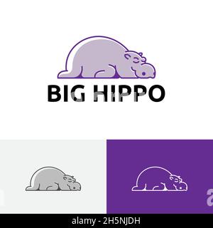 Cute Big Hippo Sleeping Africa Animal Zoo Logo Stock Vector