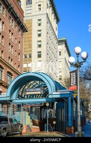 Seattle - November 09, 2021; Entrance to the Pioneer Square Station in Seattle with access to the Link Light Rail transit system. Stock Photo