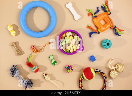 Different multicolored pet care accessories: bowl, bones, balls, snacks, mouse on beige background. Rubber and textile accessories for dogs and cats. Stock Photo
