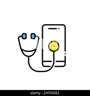 Online distance health check colorful icon. Stethoscope over a mobile phone. Pixel perfect, editable stroke Stock Vector