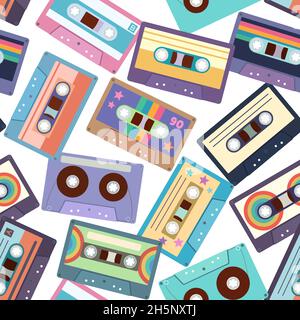 Seamless pattern with colorful cassette tapes. Retro trendy background for design and accessories. Stock Vector