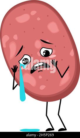 Cute sausage character with crying and tears emotion, sad face, depressive eyes, arms and legs. Fun meal or meat snack with melancholy expression. Vector flat illustration Stock Vector