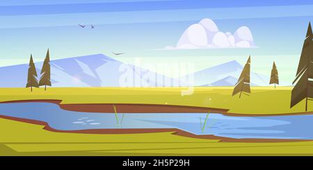 Cartoon scenery landscape with lush green fields of meadows and river flowing across the vast lands, mountains, fir trees under blue cloudy sky with birds flying in height, Vector illustration Stock Vector