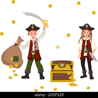 Happy pirates boy and girl with saber, cocked hat, bag of coins and chest of gold. Joyful children in carnival costumes. Festive clothing for holiday, New Year and kids party. Vector flat illustration Stock Vector
