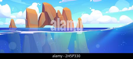 Cartoon underwater landscape with rock arch and seaweeds. Vector ...