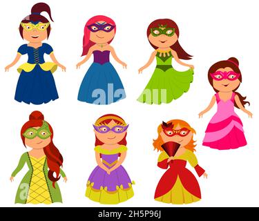 Little girls in princess costume in masquerade mask and fancy dress. A set of cute kids dressed as royalty. vector illustration isolated on a white ba Stock Vector