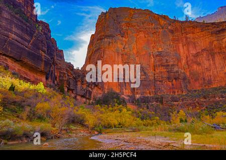 This is an autumn view Angels Landing in the Big Bend area of Zion Canyon in Zion National Park, Springdale, Washington County, Utah, USA. Stock Photo