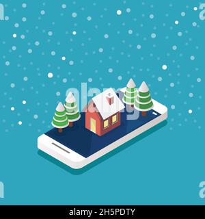 christmas tree with gift boxes on smartphone screen isometric. Vector illustration Stock Vector