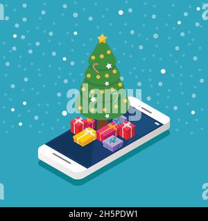 christmas tree with gift boxes on smartphone screen isometric. Vector illustration Stock Vector