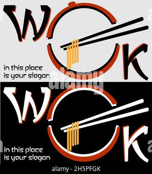 minimal lettering logo of asian cuisine wok in two versions 1 Stock Vector
