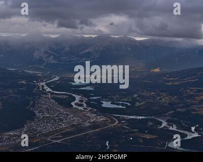 Beautiful view of Athabasca River Valley with small town Jasper, Alberta, Canada with forests and lakes surrounded by the rugged Rocky Mountains. Stock Photo