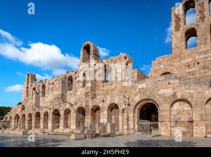The Odeon of Herodes Atticus, in Athens, Greece. It is an ancient stone theatre on the slope of the Acropolis of Athens. Stock Photo