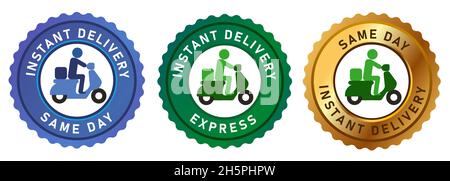 emblem tag label express same day delivery express badgesend with bike motor cycle gold green blue Stock Vector