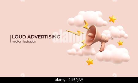Loudspeaker with lightning with clouds and stars around. Marketing or ...