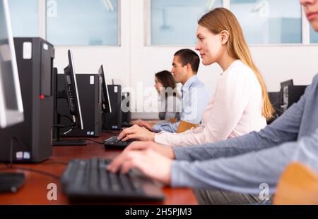 Side view of focused business people during daily work in co-working space Stock Photo