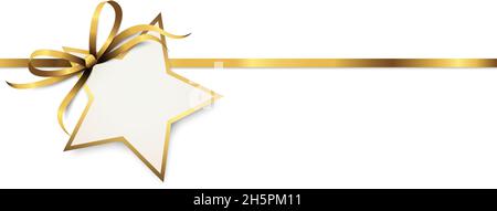 EPS 10 vector illustration of gold colored ribbon bow and gift band with shape of a star pendant for christmas greetings isolated on white background Stock Vector