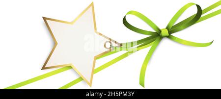EPS 10 vector illustration of green colored ribbon bow and gift band with shape of a golden star pendant for christmas greetings isolated on white bac Stock Vector
