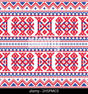 Sami folk art vector seamless pattern, retro design styled as traditional cross-stitch ornament from Lapland in red and blue Stock Vector
