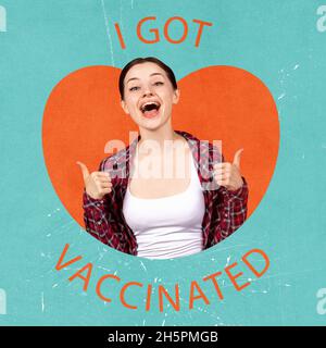 Contemporary art collage of joyful young girl in heart shape element expressing positive idea about vaccination Stock Photo